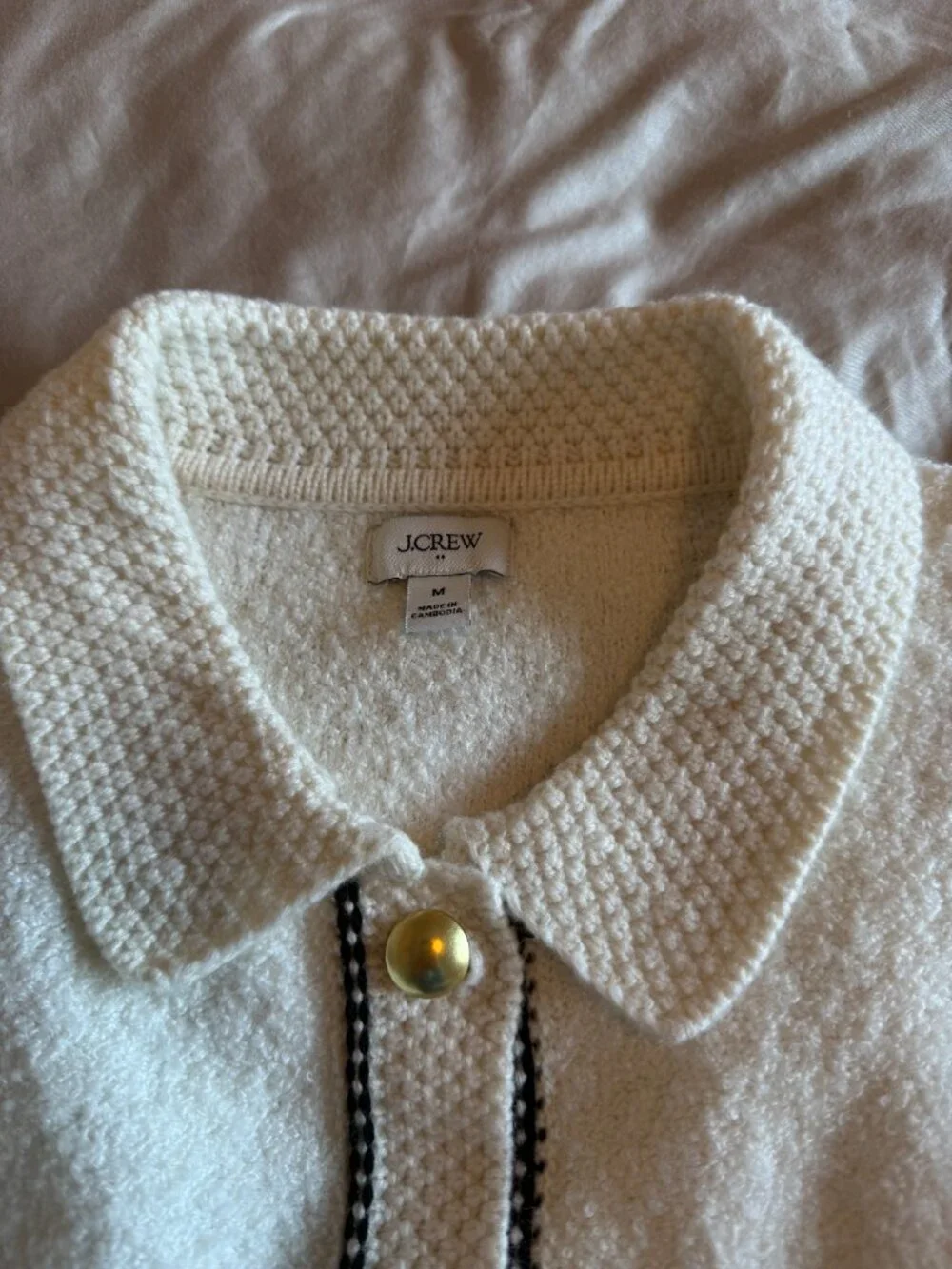 J Crew Sweater Jacket Cardigan Crocheted Collar Contrast Stitching Off White M